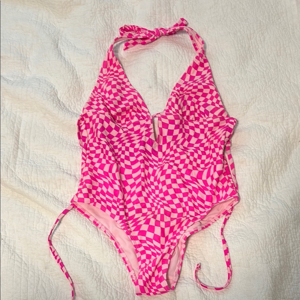 pink one piece halter swimsuit